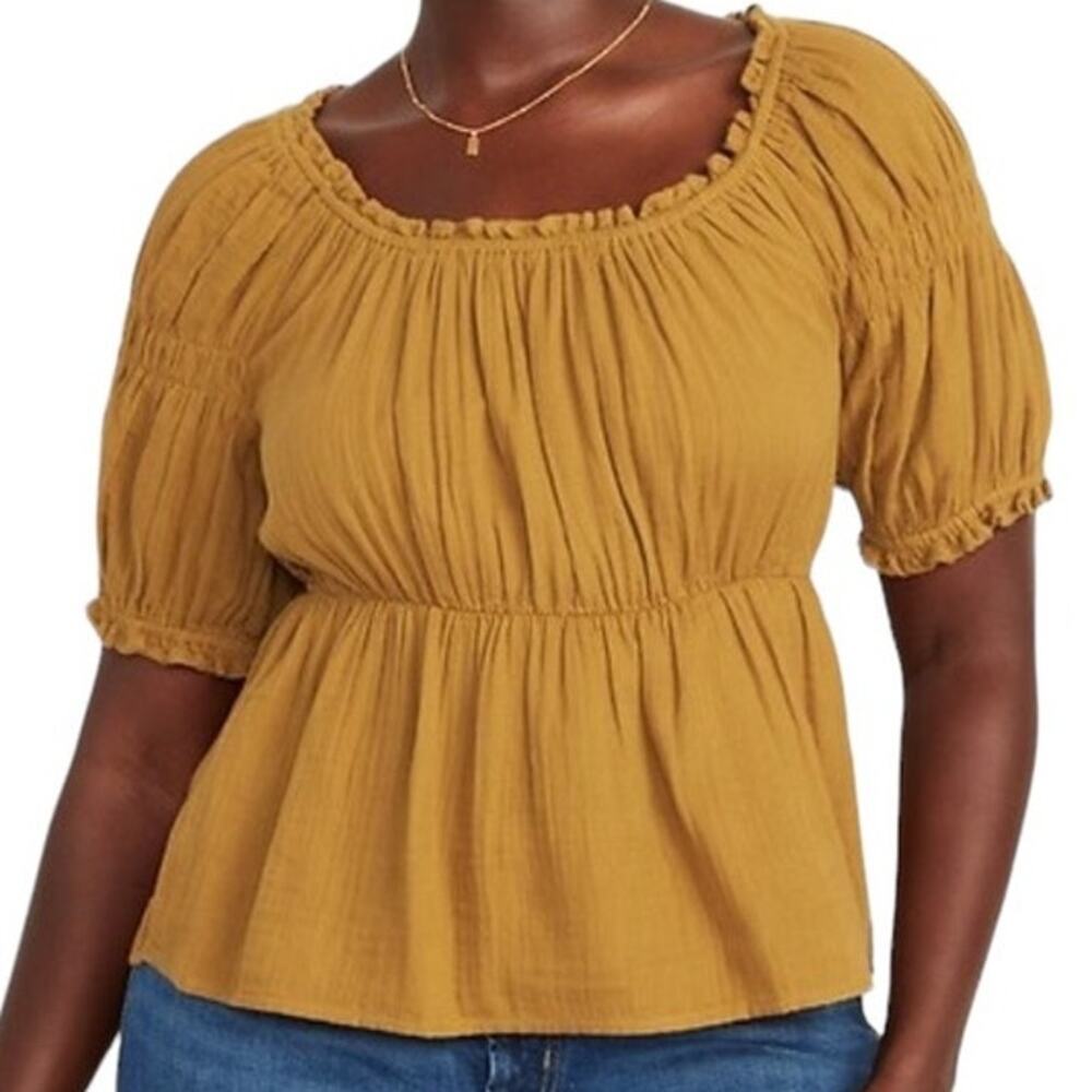 Old Navy Women's Puff Sleeve Shirred Baby Doll Blouse Dark Gold Brown Size 3x